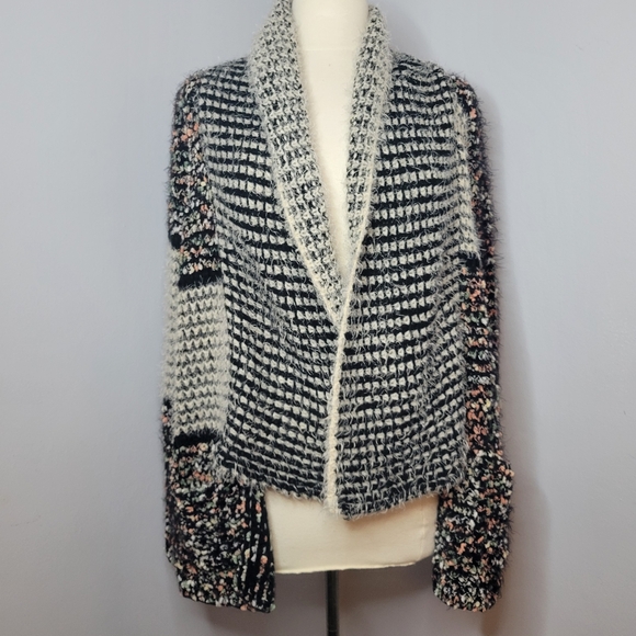Dor Dor Couture Eyelash Knit Open Front Pocket Cardigan Patchwork Sweater Medium - Picture 10 of 11